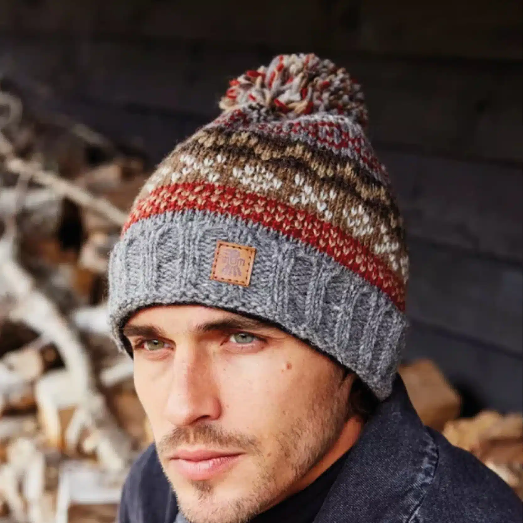 Pachamama Mens Classic Fairisle Bobble Beanie Island Blue Tobermory